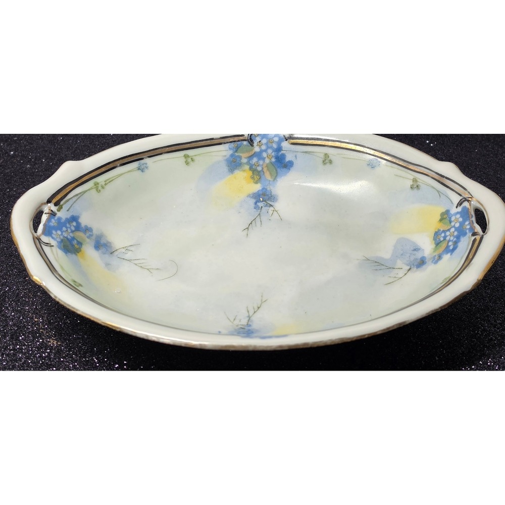 Te-Oh China Hand Painted Nippon Forget Me Not Floral Nut Bowl Gold Trim Oval